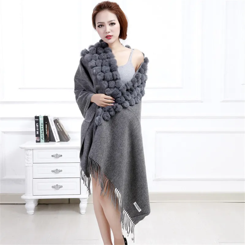 2023 Woman Autumn Winter Cashmere Wool Pashmina Scarf Muffler Wool Shawl With Real Rabbit Fur Pompoms