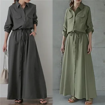 Dress Women Dresses Single Breasted Button Vestidos Long Sleeve High Waist Maxi Loose Casual Office Lady Belt Drawstring Y2k 1
