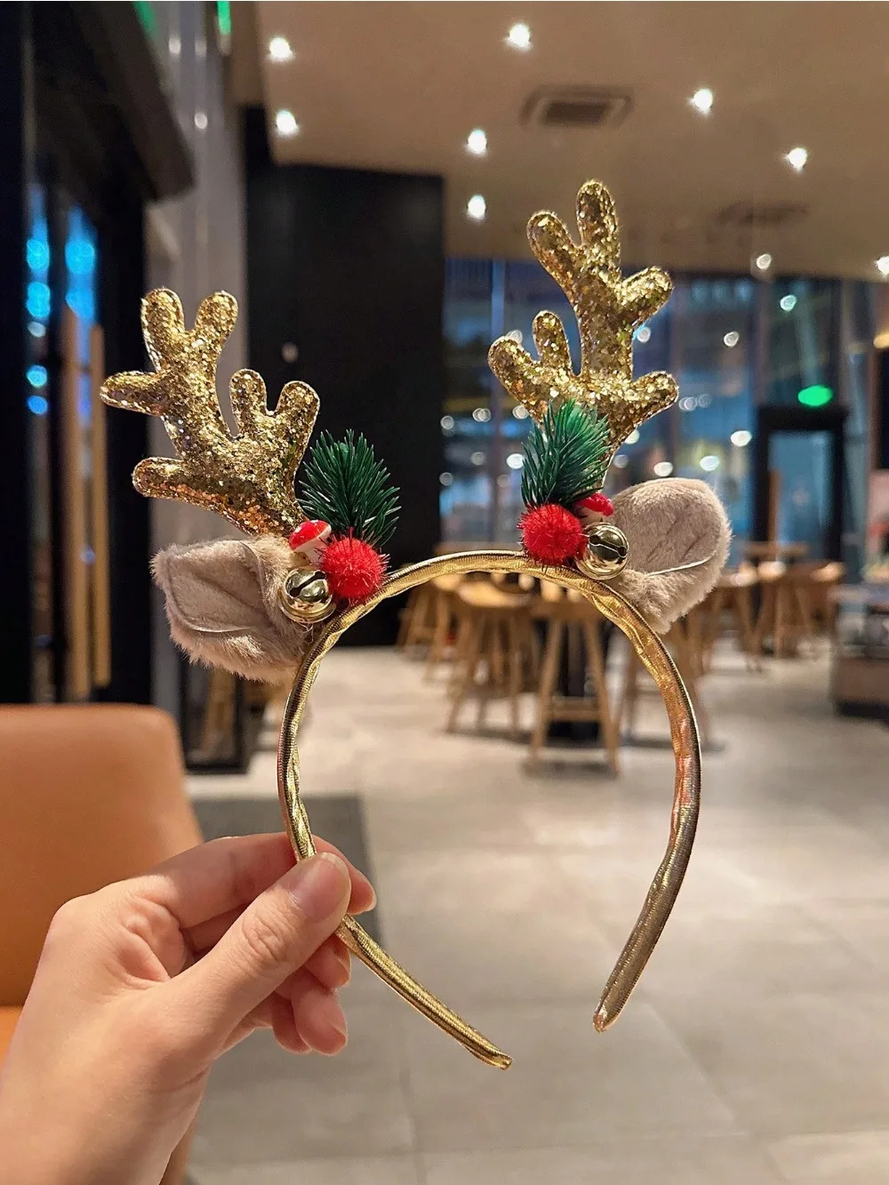 Gold Sequin Mushroom Christmas Headband Big Deer Horn Bell Sequin Festive Headwear 1pc for Women Forest Style Hair Accessories hair headband hair accessories