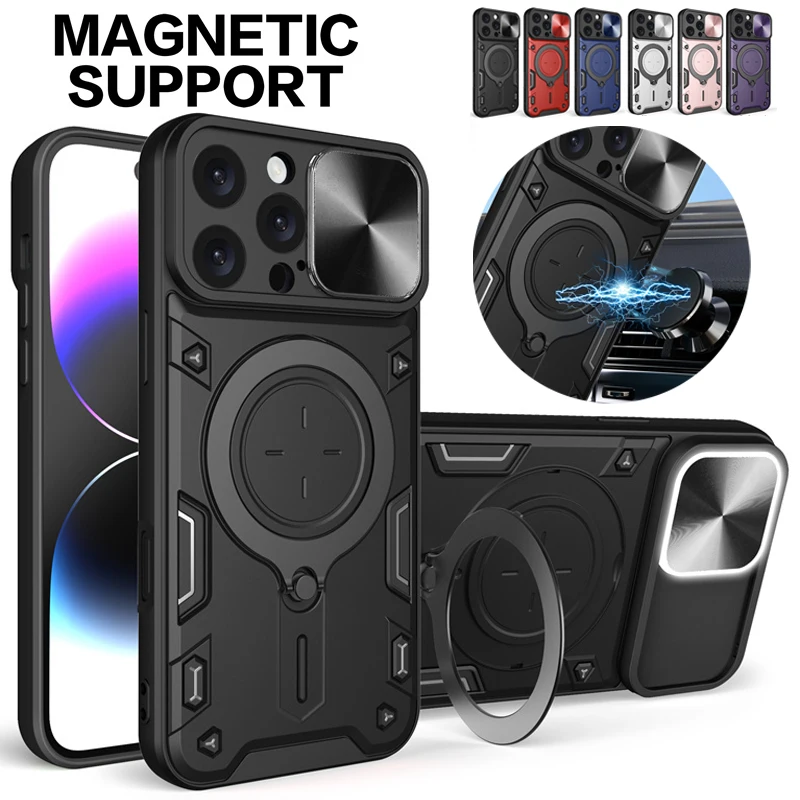 Ultimate Shockproof Armor Phone Case with Slide Lens Protector and Ring Holder Back Cover