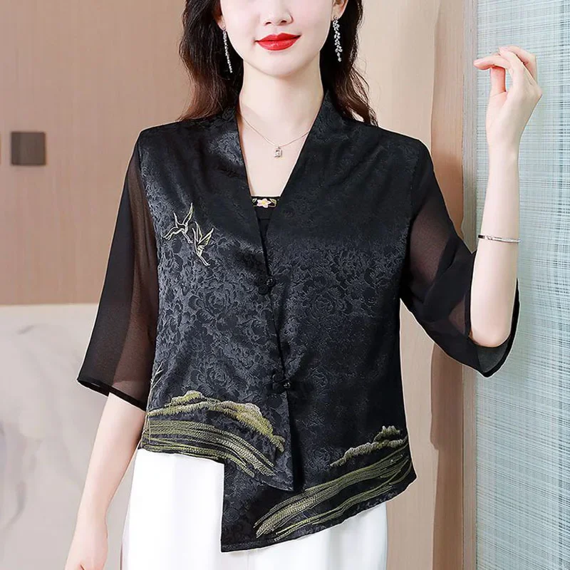 Women's Blouses tops 2024 Summer Chiffon Silk Fabric Prints Splicing Chinese style Cardigan Primer Shirt Ladies Skinny Shirts