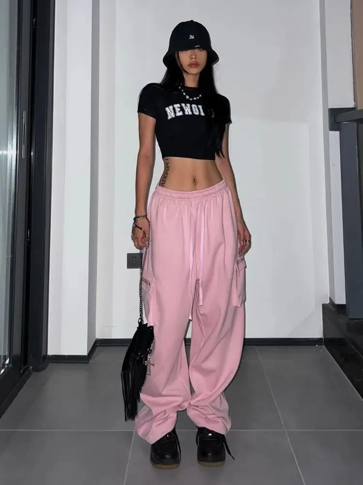 HOUZHOU Y2K Pink Cargo Pants Women Kpop Style Streetwear Wide Leg Sweatpants Oversized Korean Hip Hop Sports Training Pants