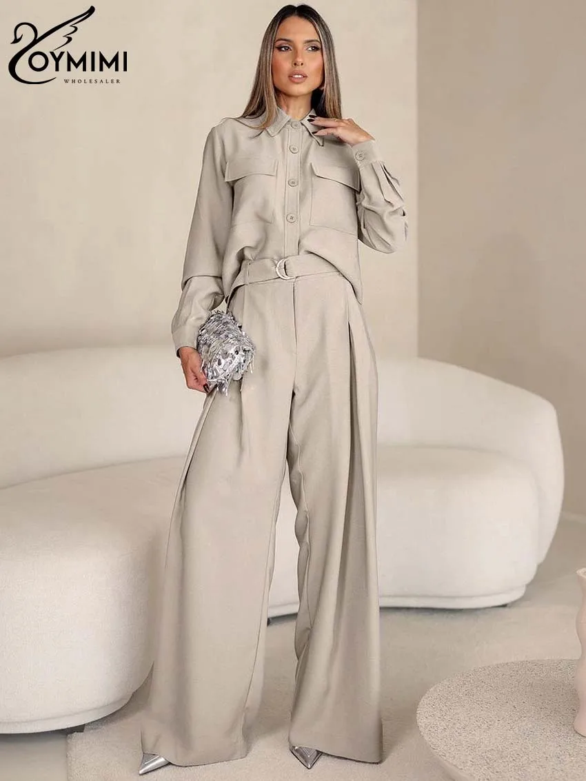 Oymimi Elegant Khaki Sets For Women 2 Pieces Fashion Lapel Long Sleeve Pockets Button Shirts And High Waisted Straight Pants Set khaki men suits 3 pieces blazer vest pants one button peaked lapel slim fit tuxedo celebrity wedding formal work causal tailored