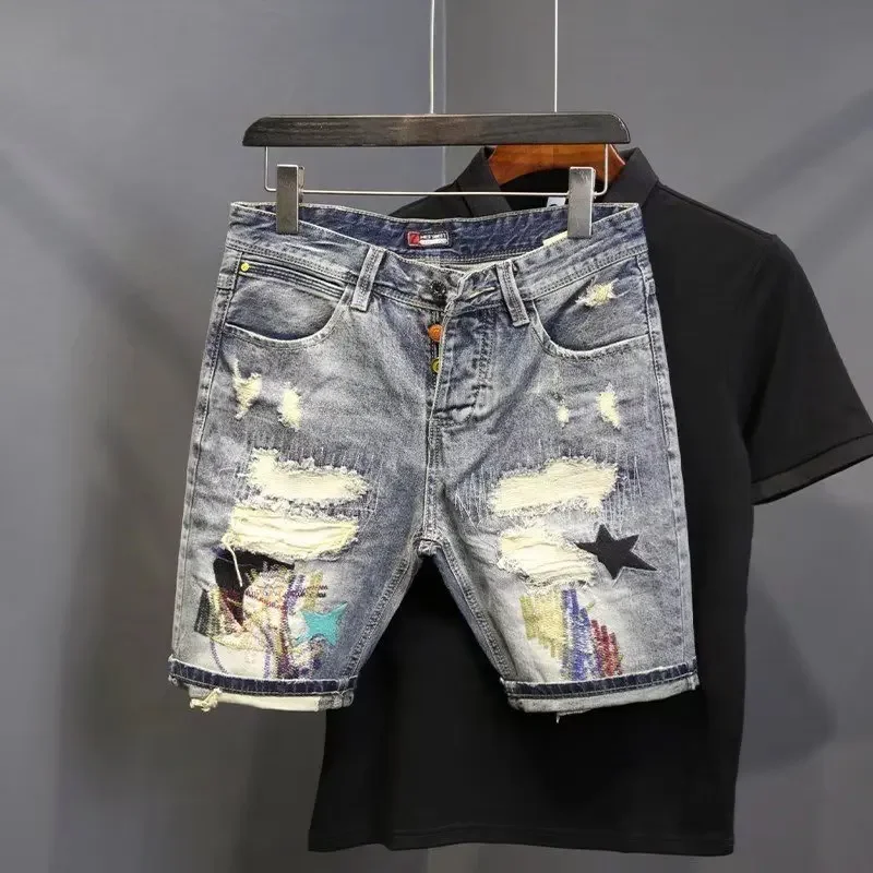 Trendy Denim Shorts For Men Ripped Patched Punk Style 5 Piece Sun Fade Summer Hole Out Leggings Social Media Popular