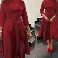 Elegant Office Dress Pleated for Women Professional Round Neck Full Sleeve Belt Waisted Mid Calf Formal Business Work Dress New - Image 3