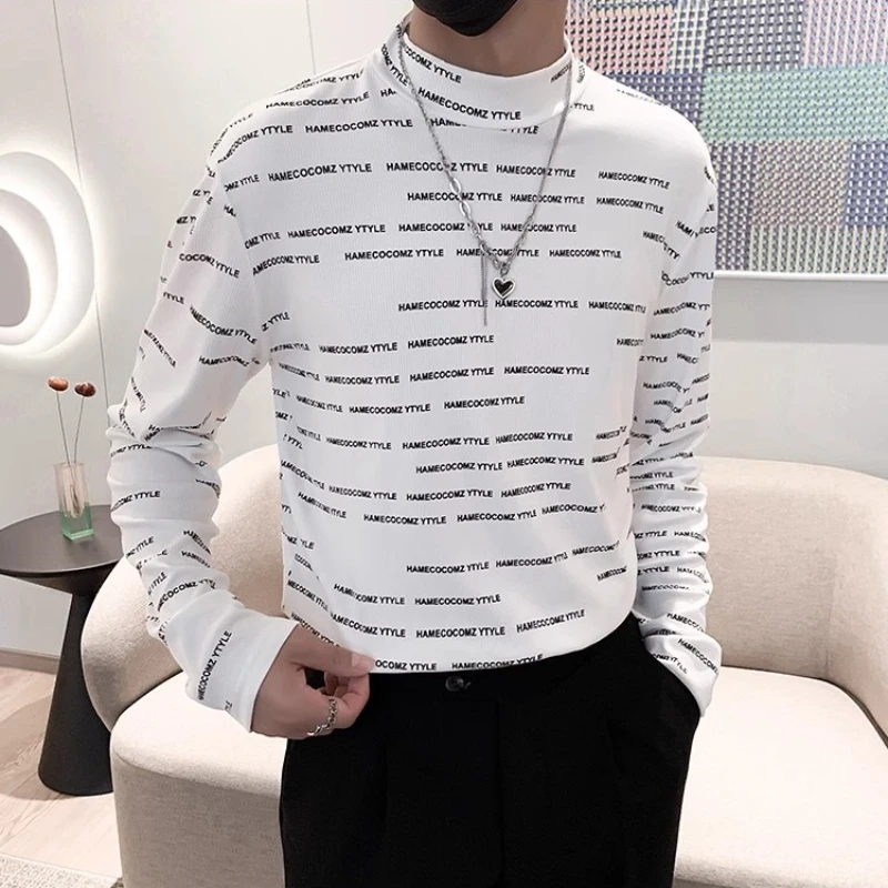 

Autumn Winter Half Turtleneck T-shirt Men Fashion Slim Fit Long Sleeve Casual Tee Tops Social Streetwear Bottoming Shirt 2023