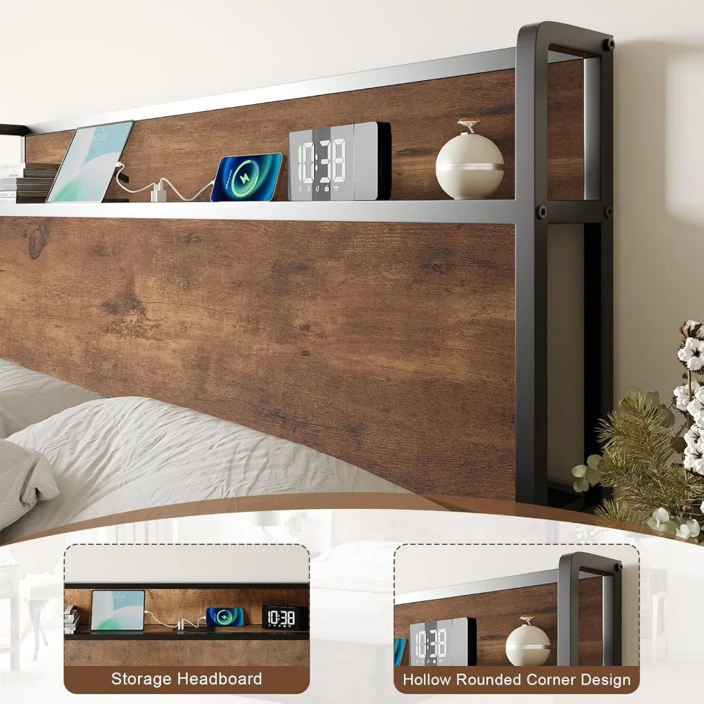 Lifting Storage & Charging Station, No Spring Box Needed/Noise Free, Rustic Brown, Bed Bases & Frames 5