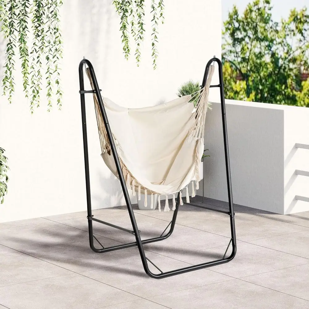 Outdoor Swing Hammock Chair with Stand, Hanging Lounger with Side Pocket, Black & Cream White
