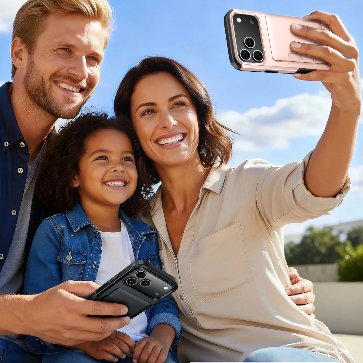 Dual Layer Sliding Card Holder Slot Phone Case with Hybrid Protection
