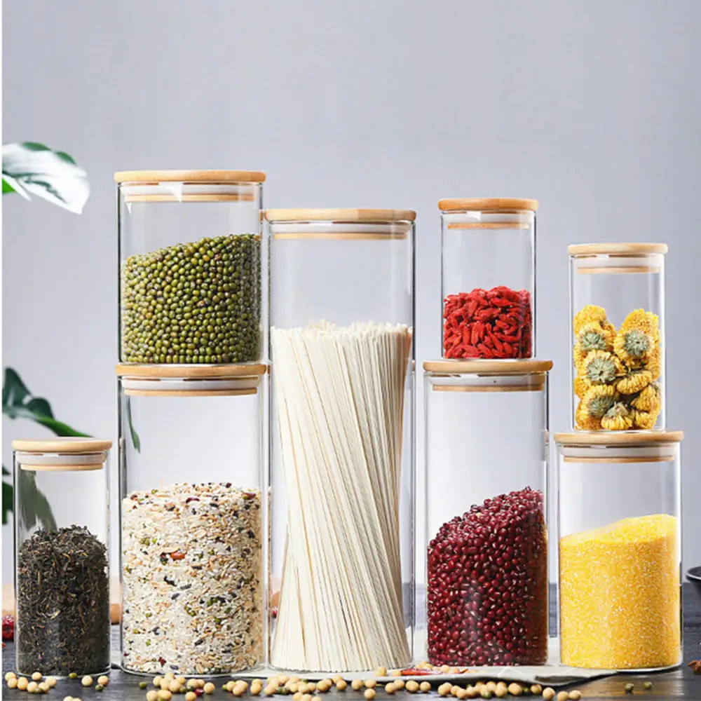 Glass Jar With Bamboo Lid Sealed Canister Food Storage Bottles Container Storage For Loose Tea Coffee Bean Kitchen Accessories 2
