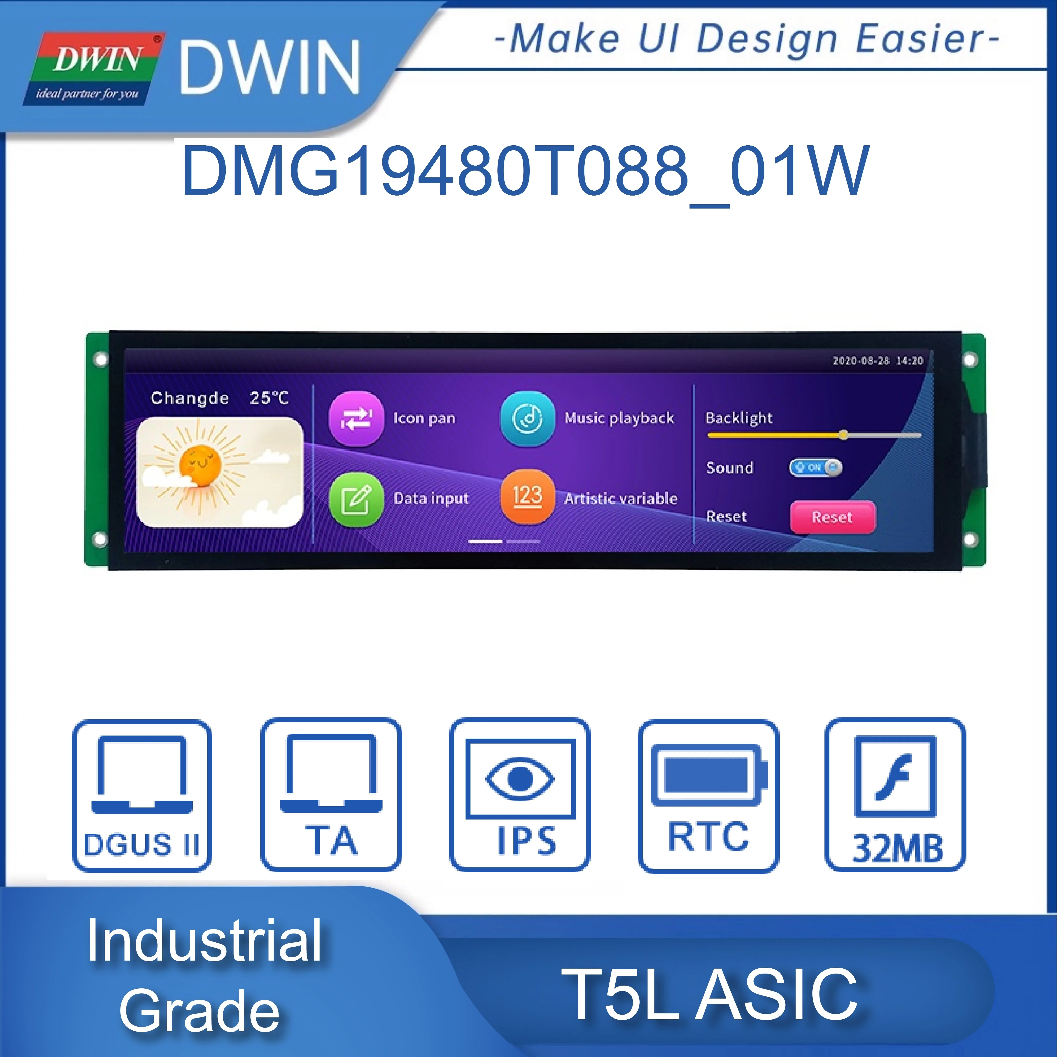 Dwin 8.8 ġ  TFT UART ÷, 1920*480 IPS ũ, LCD ġ г , TTL/RS232, Arduino ESP32 