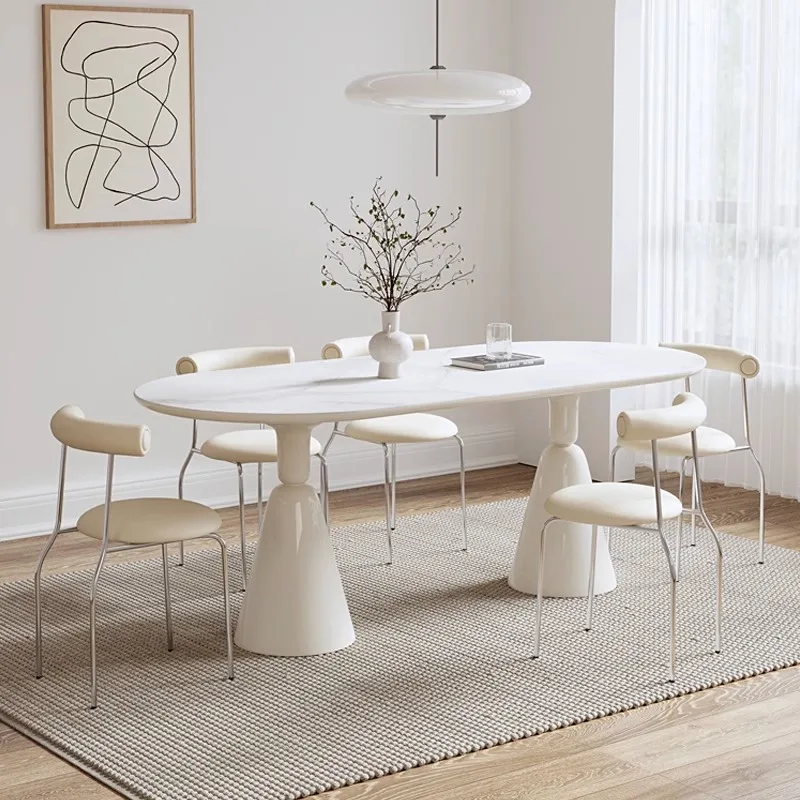 

Modern simple cream wind pure white matte slate dining table combination household small-sized holy grail glass fiber reinforced