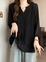 plus Size Women's V-Ne Pleated ort Sve T-irt Summer Loose Flounce Hem Top Slimming Concealing Casual Commute Sle