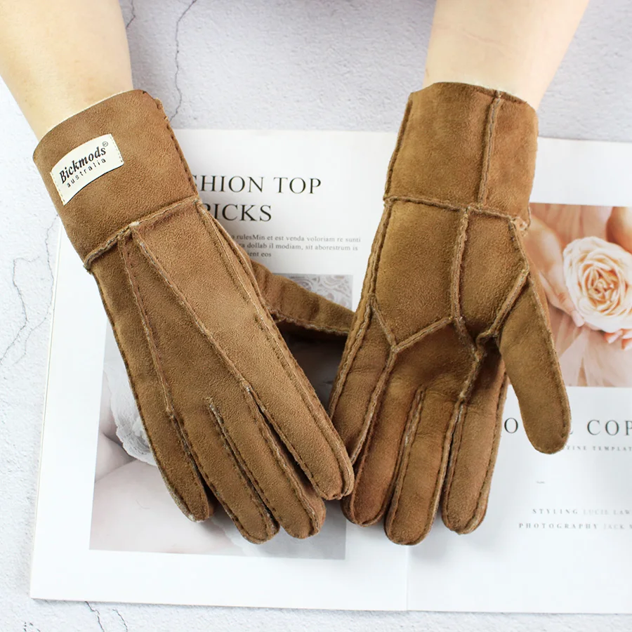 Winter Warm Sheepskin Fur Gloves Women's Leather Stitching Style Thickened Household Boy Motorcycle Riding Cold-Proof Finger
