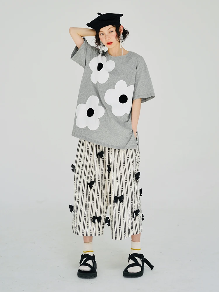 imakokoni girls original linen jacquard bow wide leg pants spring Loose slacks with an elastic waist pants for women 223615