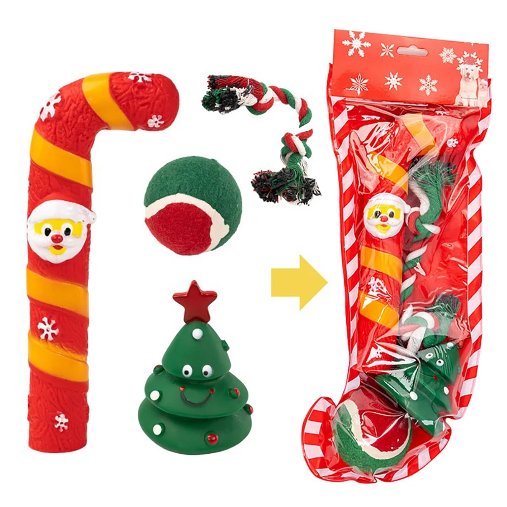 

Christmas Socks Pet Toy Set Decorative Gift Santa Claus Bite Resistant Cat Dog Toys Fun Interactive Ball Stick Puppy Playing Toy