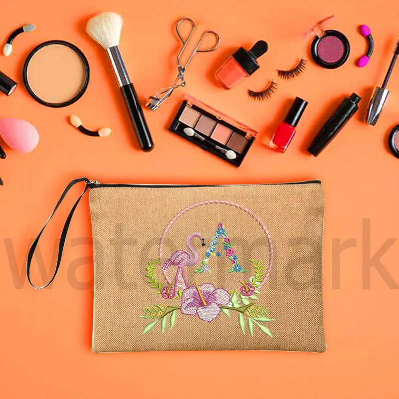 

Women Neceser Makeup Bag Kawaii Flamingo Flower Letter Cosmetic Bag Linen Zipper Pouch Travel Toiletry Organizer Mujer Bolsa