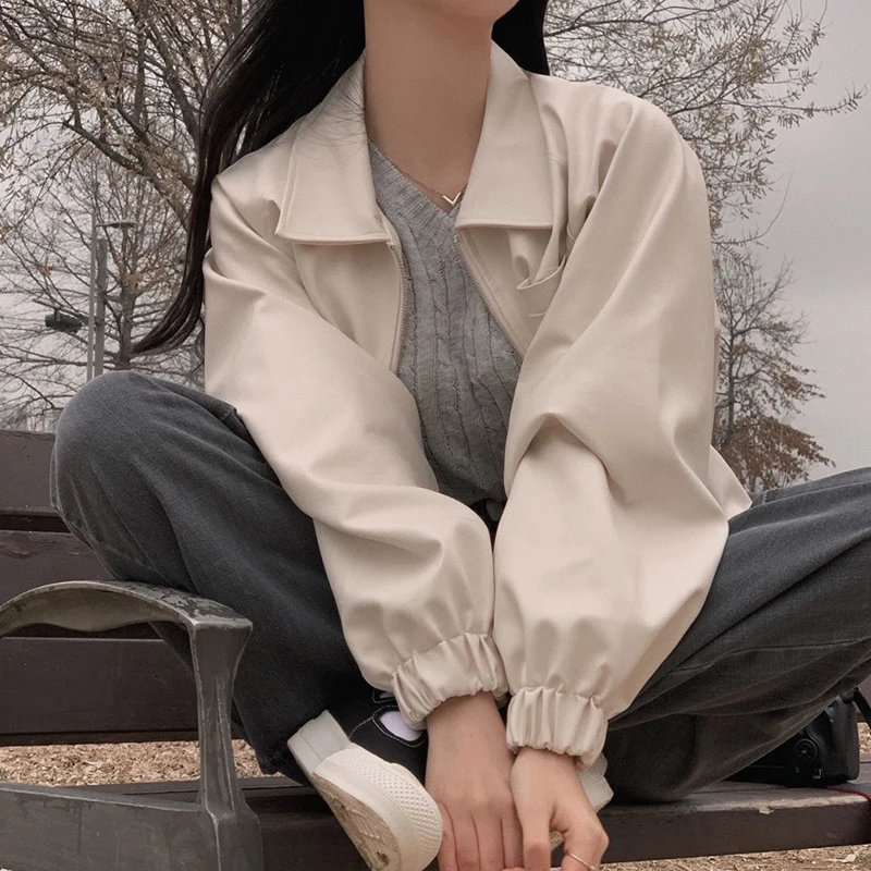 Casual Zipper Leather Jacket Women Short Fashion Simple Solid Color Loose-fit PU Leather Basic Coat Tops chaquetas de mujer