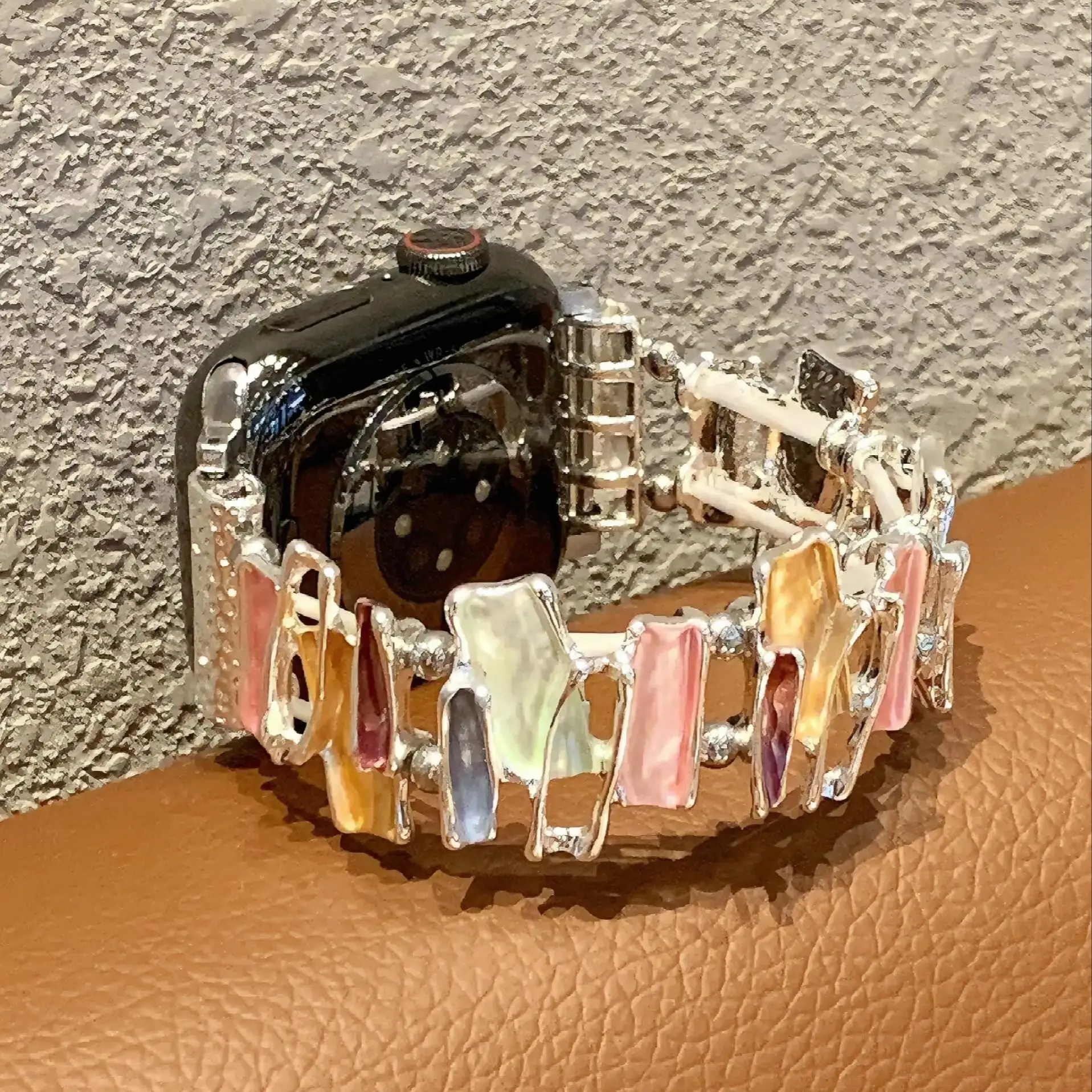 Stylish Stone Metal Link Elastic Watch Band Bracelet