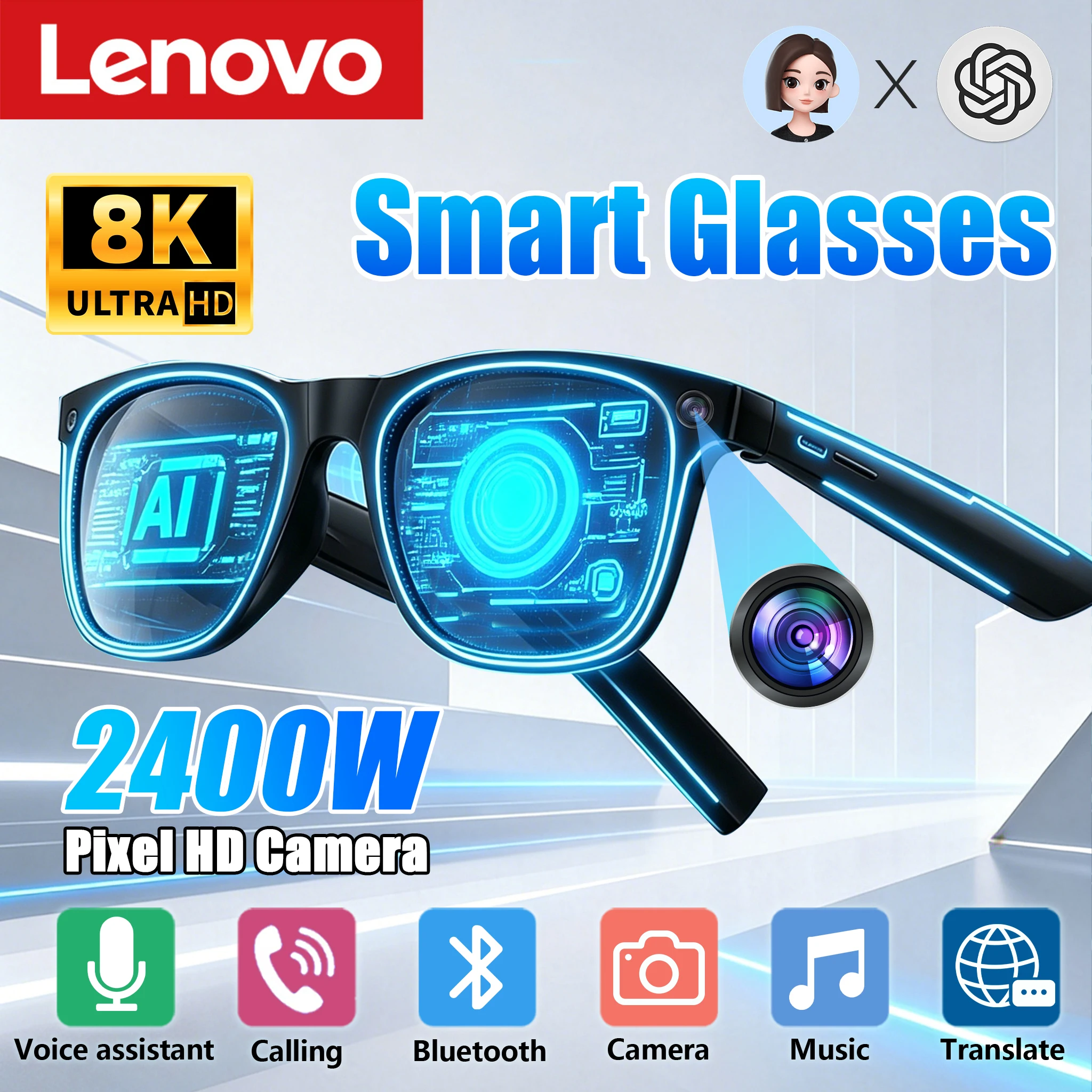 Lenovo 2026 New AI Smart Glasses AI Translation Conversation Recording Music Touch Control Camera Smart Bluetooth Sunglasses