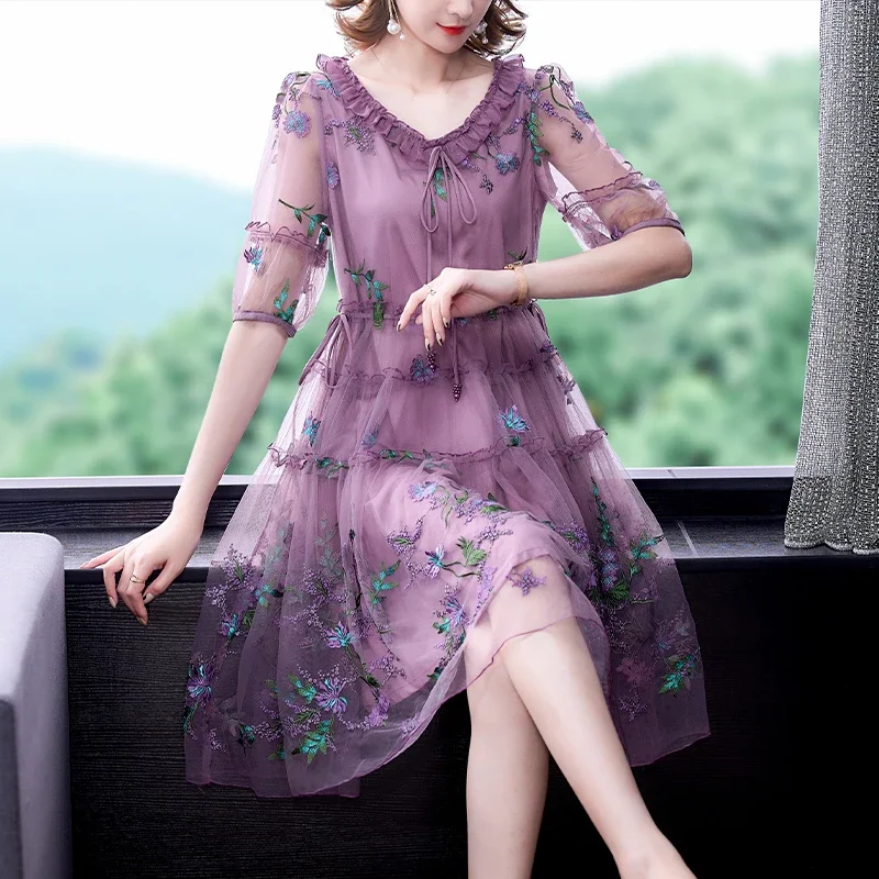 

Summer 2022 Women V Neck Ruffled Bow High Waisted Embroidery Purple Mesh Dress , Woman Slim Flower 3xl 4xl Dresses