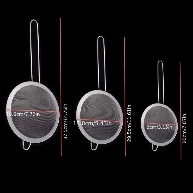Mesh Strainer Set of 3 Stainless Steel Fine Long Handle Food Skimmer for Kitchen Cooking and Sifting