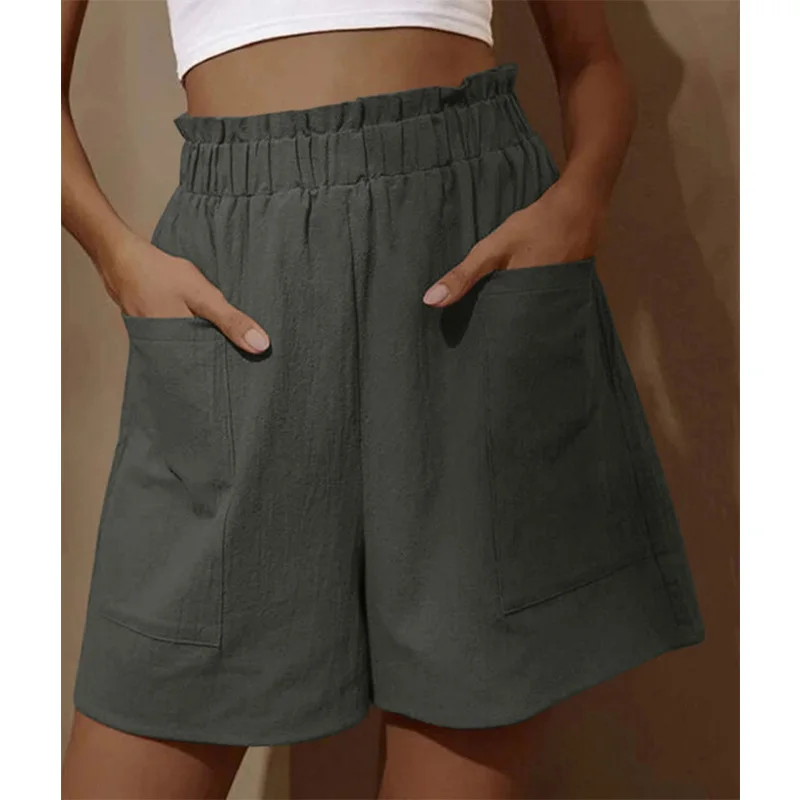 Fashion Loose Cotton Linen Wide Leg Pants Womens Flower Bud Elastic High Waist Spliced Double Pockets Solid Color Casual Shorts