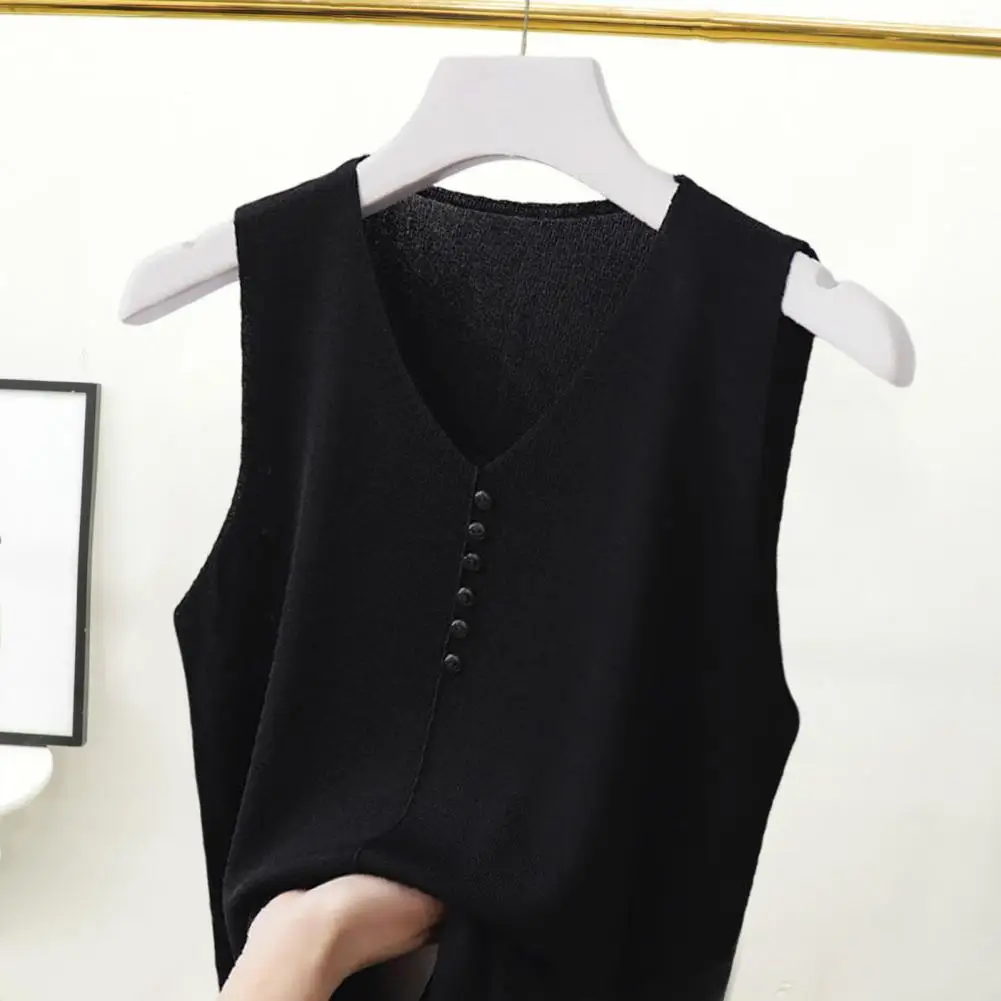 

Women Top Stylish V-neck Tank Tops For Women Loose Fit Button Decor Vest Solid Color Bottoming Top For Party Wear Loose Fit