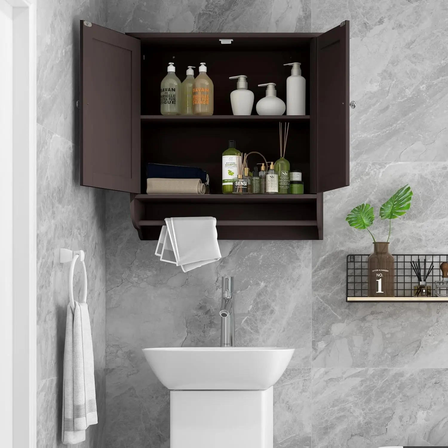 Bathroom Cabinet Wall Mounted, Bathroom Medicine Cabinet with Bar&Double Door&Adjustable Shelf, Over The Toilet Storage Cabinet 4