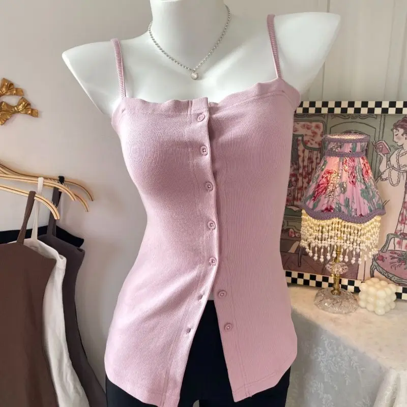 

BEENLE Threaded Button Spring Bottoming Shirt Vest Female Korean Fashion Blouses Slim Sling Summer Vest Woman Sexy Camisole Tops