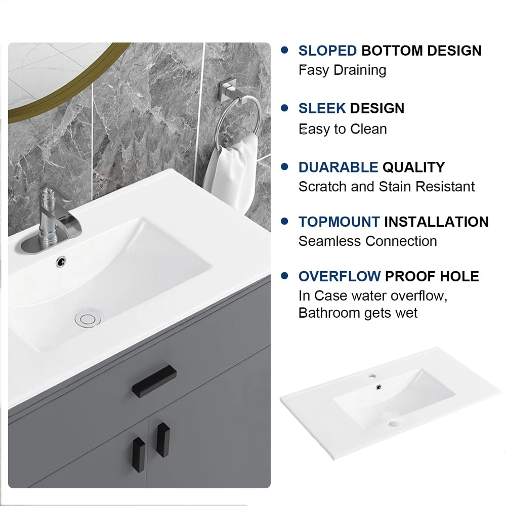 1pc 36 inch Porcelain Ceramic Vanity Sink Top, Surface Bathroom Vessel Sink Basin with Single Faucet Hole, Rectangular, Glossy 4