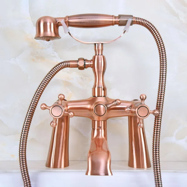 Deck Mount Claw-foot Bathtub Faucet Tub Filler Handheld Shower Antique Red Copper Brass Dual Cross Handles ana159 1