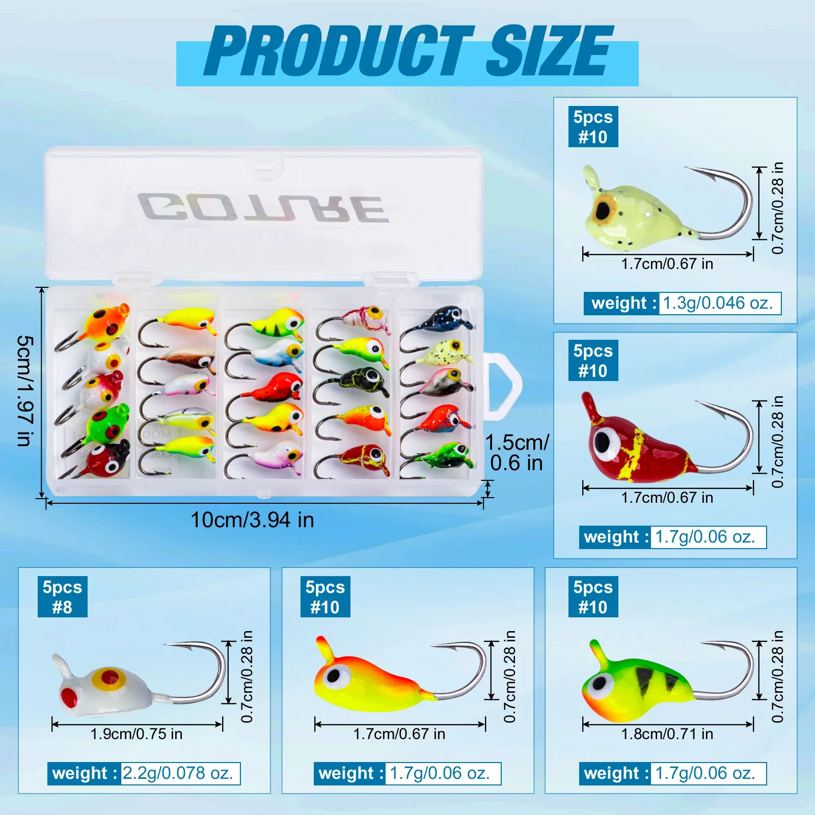 Goture Ice Fishing Jigs Set 1.5g 2g Luminous Vivid Swim Actions Jig Bonic Lure Set for Winter Panish Fishing with Tackle Box