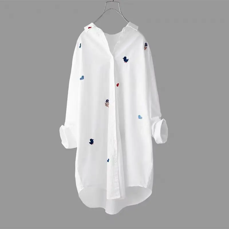 Plus size Cotton Embroidery women loose long white shirts casual ladies blouse