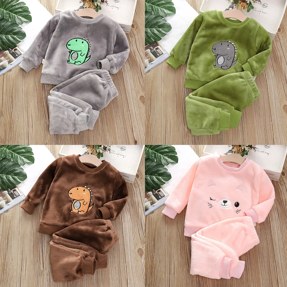 Baby Boy Warm Dinosuar Clothing Set Winter Cartoon Pajamas Outfit for Girls Pleuche Sweater Pants 2pcs Kids Suit 1-6Y kids clothing set