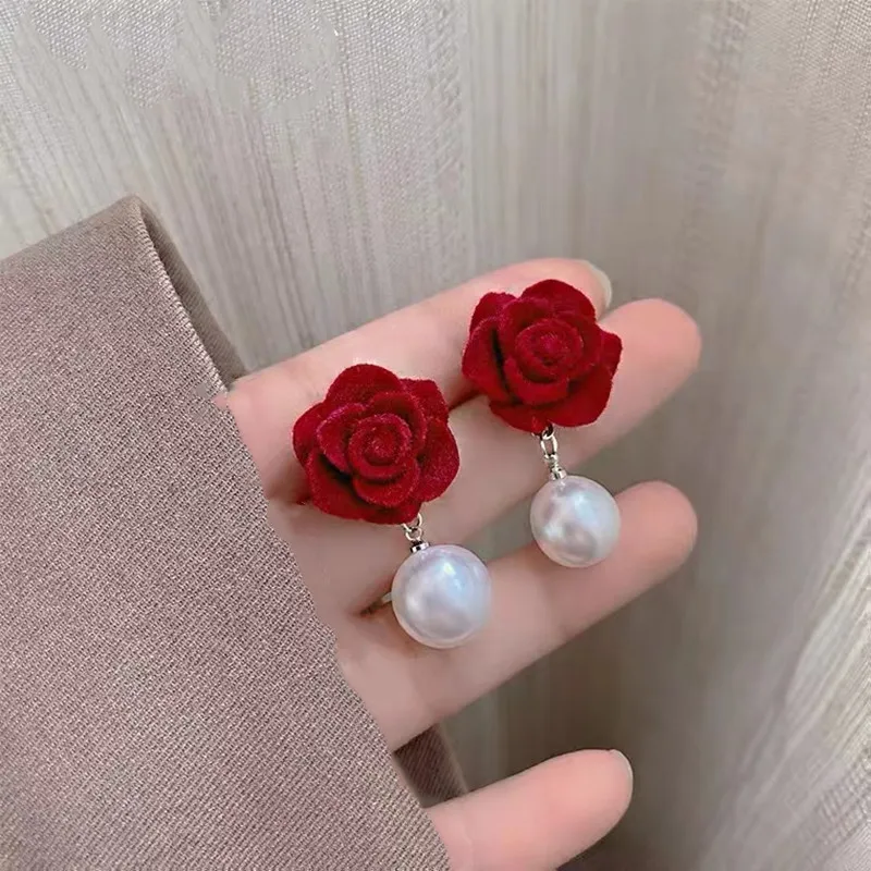 Elegant French Red Rose Long Tassel Earrings Women Temperament Flower Zircon Dangle Earring Bridal Wedding Party Jewelry drop earrings,dangle earrings,long earrings,crystal tassel earrings,rose earrings
