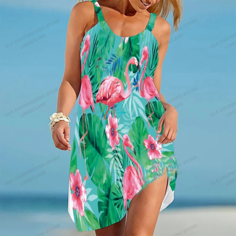 

Flamingo Print Strap Dress Women Fashion Bohemian Midi Beach Dress Party Evening Sexy Floral Dress Sleeveless Casual Sundress