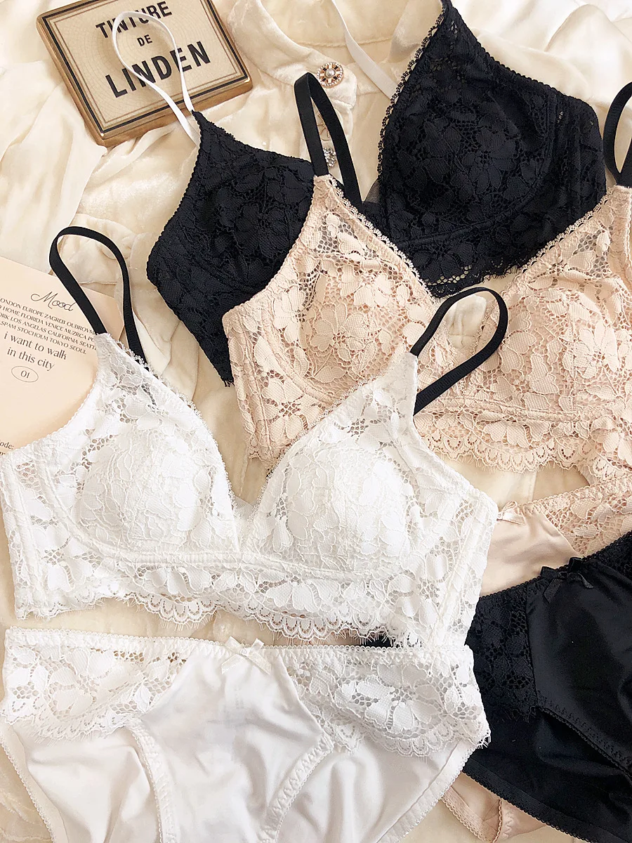 Lace thin rabbit ears triangle cup bra without steel ring underwear set bralette large breasts show small lingerie
