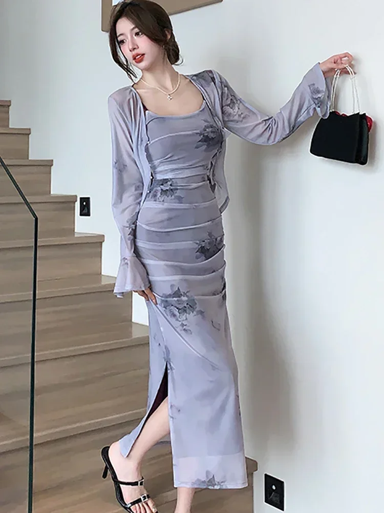 Summer Floral Pleated Casual Sling Dress+Long Sleeve Solid