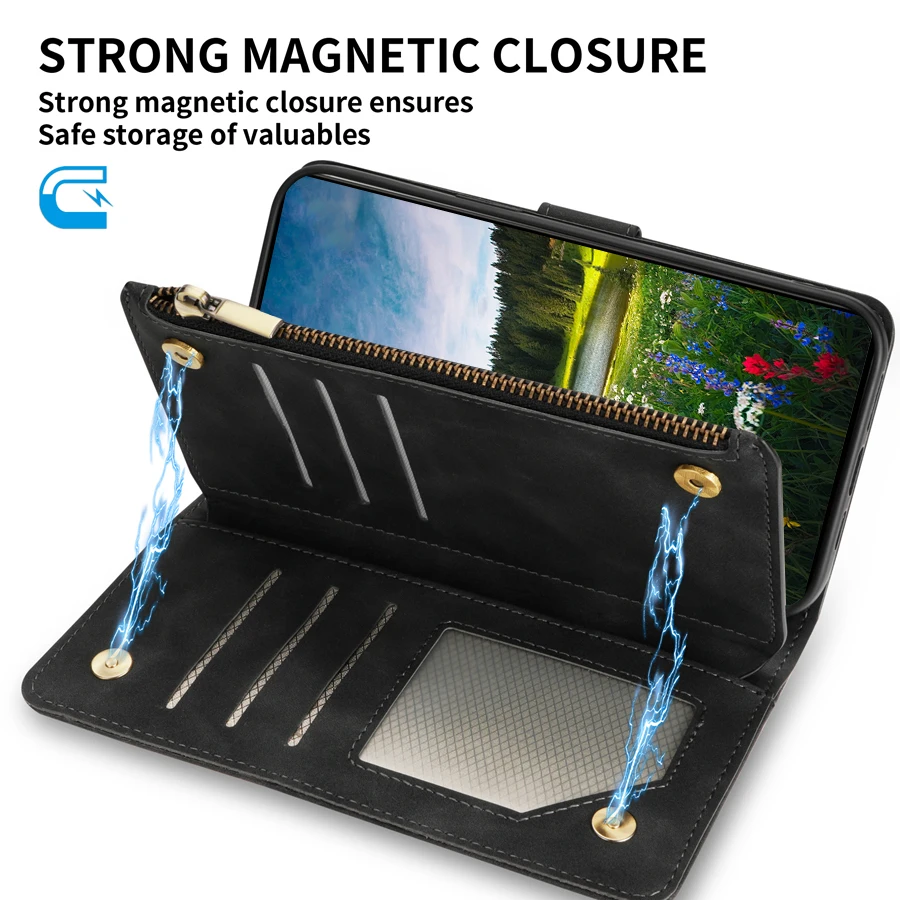 Deluxe Multi-Card Zipper Leather Wallet Case with Kickstand and Magnetic Closure
