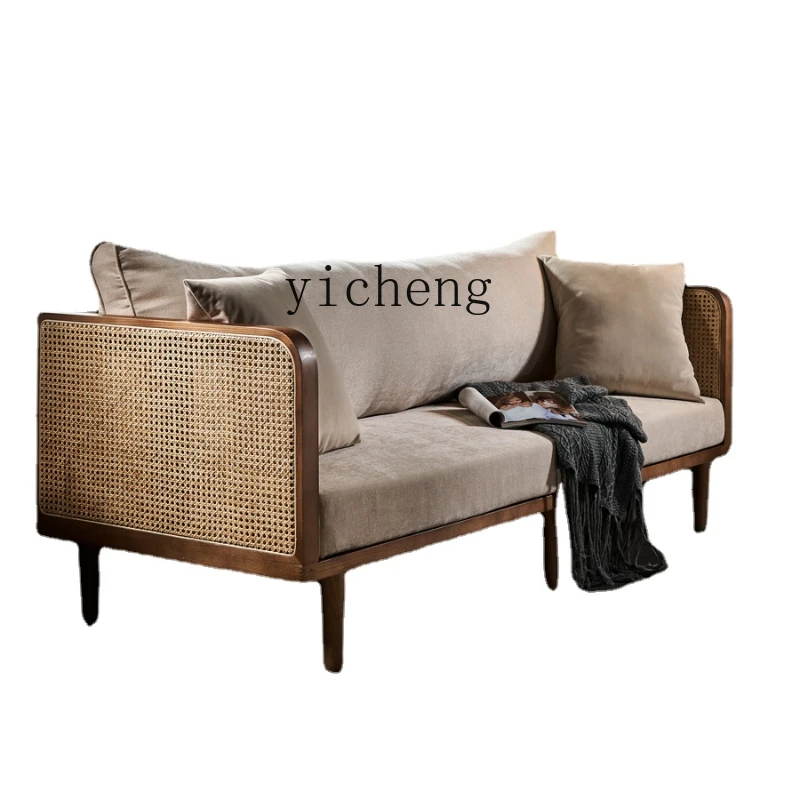

Zws Nordic-Style Solid Wood Rattan Sofa Combination Leisure Living Room Single Three-Seat