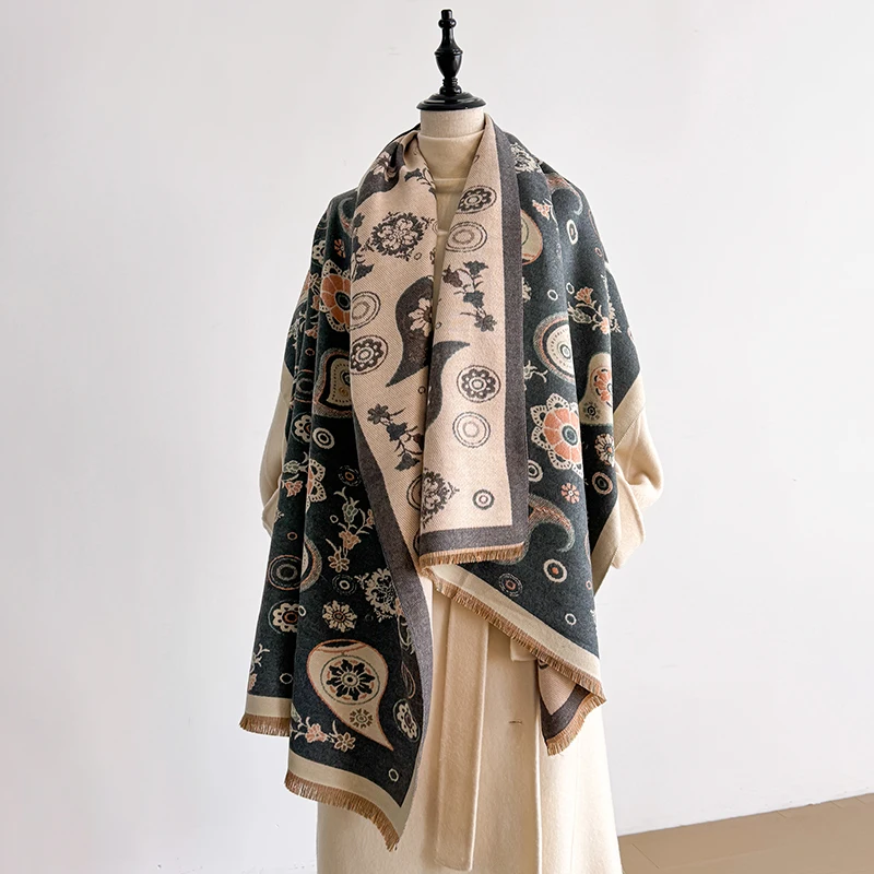 Women's Winter Fashion Faux Cashmere Scarf Vintage Floral Print With Tassels Thick Warm Shawl Trendy Wrap For Cold Weather