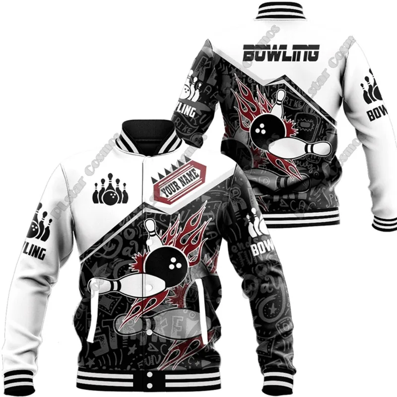 Fashion men's 3D printing design custom name bowling sport full button jacket casual street hip-hop Harajuku unisex jacket