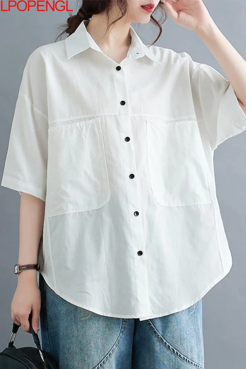 

Summer 2023 New Korean Style Loose Literary Double Pocket Lapel Short-sleeved Shirt Women's Top