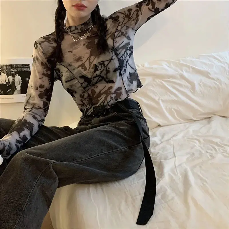 Korean Fashion Y2k Women Tie-dye T-Shirts Sexy Mesh Crop Tops Long Sleeve See Through Slim Turtleneck Female Printed Outfits