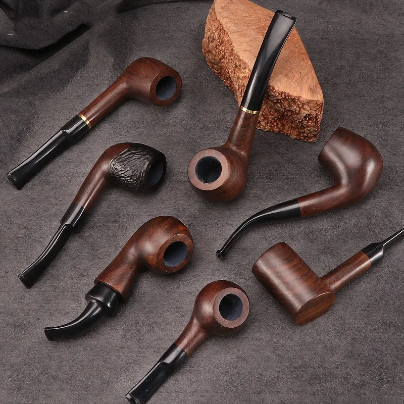 Smoking Pipe Kit Smoking Pipe Holder 1Pc Ebony Smoking Pipe 9mm Filter Bent Tobacco Pipe Gold Ring Wood with Smoke Accessory Ru