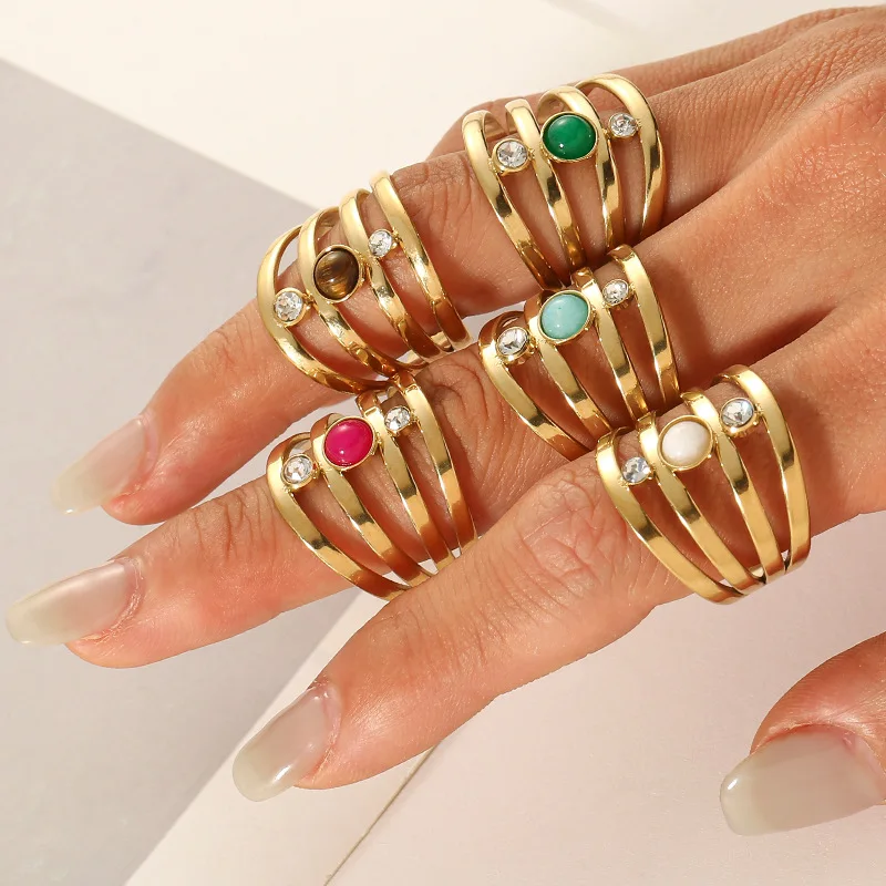 Damen Edelstahl Hohlring mit Naturstein Böhmischer Zirkon Verstellbarer Offener Ring mit Echtgold-Beschichtung Schmuck