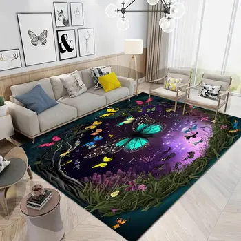Boho Butterfly Rug for Bedside, Dream Style Carpet, Jungle Butterflies Pattern Romantic Theme Indoor Floor Mat for Living Room
