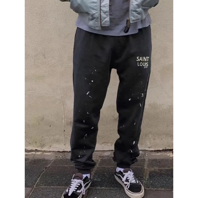 Wang Yibo's Same American High Street Fat Plus Size Splashing Ink Wash Feet Guard Pants for Men's Instagram