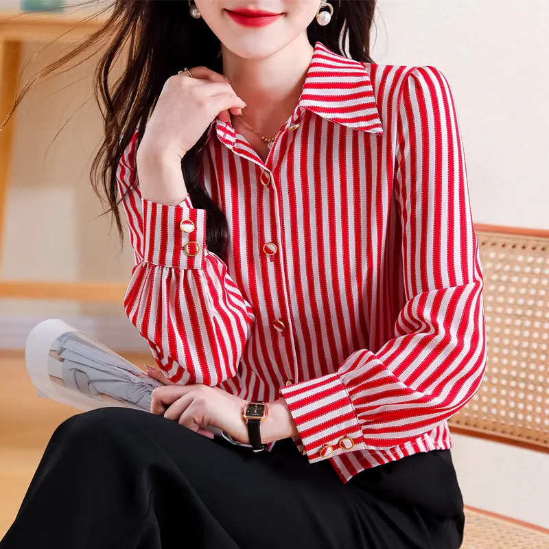 2024 New Summer Simplicity Elegant Fashion Retro Loose Korean Style Women's Shirt Chiffon Striped V Neck Long Sleeve Y2K Tops fashion high quality simplicity women retro genuine leather belts vintage goldenl buckle elegant straps jeans waistband 55001